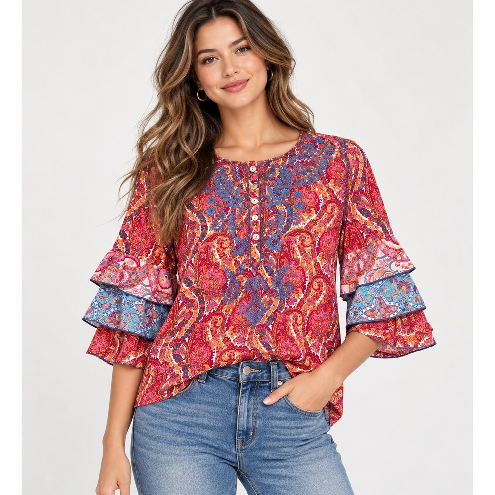 John Mark Paisley Embroidered Henley Boho Blouse Sz L Large Tiered Ruffle Sleeve